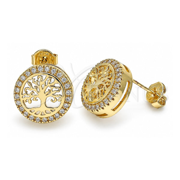 Arete Dormilona 02.156.0473 Oro Laminado, Diseño de Ãrbol, con Micro Pave Blanca, Pulido, Tono Dorado