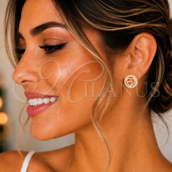 Arete Dormilona 02.156.0474 Oro Laminado, Diseño de Corazón, con Blanca Micro Pave, Pulido, Tono Dorado