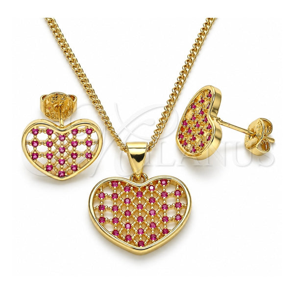 Juego de Arete y Dije de Adulto 10.156.0274.1 Oro Laminado, Diseño de Corazón, con Rubi Micro Pave, Pulido, Tono Dorado
