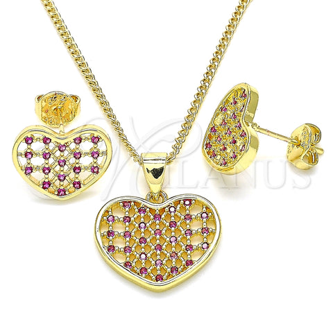 Juego de Arete y Dije de Adulto 10.156.0274.1 Oro Laminado, Diseño de Corazón, con Rubi Micro Pave, Pulido, Tono Dorado