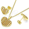 Juego de Arete y Dije de Adulto 10.156.0274.2 Oro Laminado, Diseño de Corazón, con Granate Micro Pave, Pulido, Tono Dorado