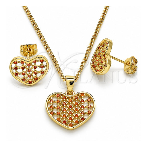 Juego de Arete y Dije de Adulto 10.156.0274.2 Oro Laminado, Diseño de Corazón, con Granate Micro Pave, Pulido, Tono Dorado