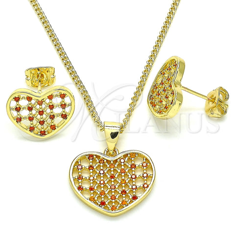 Juego de Arete y Dije de Adulto 10.156.0274.2 Oro Laminado, Diseño de Corazón, con Granate Micro Pave, Pulido, Tono Dorado