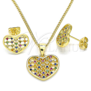 Juego de Arete y Dije de Adulto 10.156.0274.3 Oro Laminado, Diseño de Corazón, con Multicolor Micro Pave, Pulido, Tono Dorado