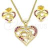 Juego de Arete y Dije de Adulto 10.156.0275.1 Oro Laminado, Diseño de Corazón y Manos, con Rubi Micro Pave, Pulido, Tono Dorado