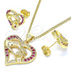 Juego de Arete y Dije de Adulto 10.156.0275.1 Oro Laminado, Diseño de Corazón y Manos, con Rubi Micro Pave, Pulido, Tono Dorado