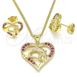 Juego de Arete y Dije de Adulto 10.156.0275.1 Oro Laminado, Diseño de Corazón y Manos, con Rubi Micro Pave, Pulido, Tono Dorado