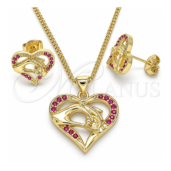 Juego de Arete y Dije de Adulto 10.156.0275.1 Oro Laminado, Diseño de Corazón y Manos, con Rubi Micro Pave, Pulido, Tono Dorado