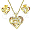 Juego de Arete y Dije de Adulto 10.156.0275.2 Oro Laminado, Diseño de Corazón y Manos, con Granate Micro Pave, Pulido, Tono Dorado