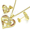 Juego de Arete y Dije de Adulto 10.156.0275.2 Oro Laminado, Diseño de Corazón y Manos, con Granate Micro Pave, Pulido, Tono Dorado