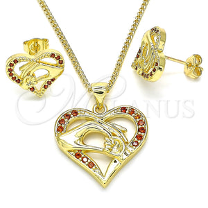 Juego de Arete y Dije de Adulto 10.156.0275.2 Oro Laminado, Diseño de Corazón y Manos, con Granate Micro Pave, Pulido, Tono Dorado