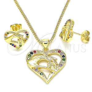 Juego de Arete y Dije de Adulto 10.156.0275.3 Oro Laminado, Diseño de Corazón y Manos, con Multicolor Micro Pave, Pulido, Tono Dorado