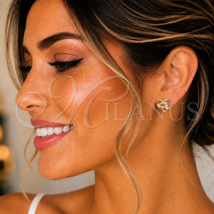 Arete Dormilona 02.156.0390.1 Oro Laminado, Diseño de Corazón y Manos, con Rubi Micro Pave, Pulido, Tono Dorado