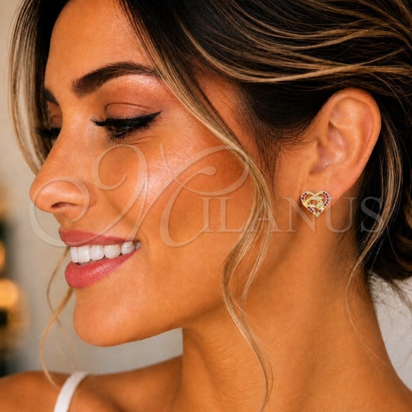 Arete Dormilona 02.156.0390.1 Oro Laminado, Diseño de Corazón y Manos, con Rubi Micro Pave, Pulido, Tono Dorado