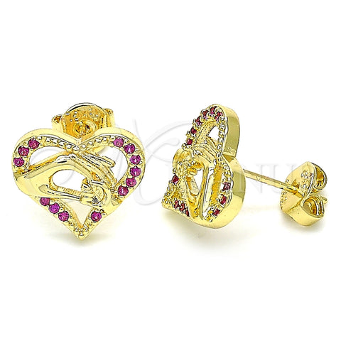 Arete Dormilona 02.156.0390.1 Oro Laminado, Diseño de Corazón y Manos, con Rubi Micro Pave, Pulido, Tono Dorado