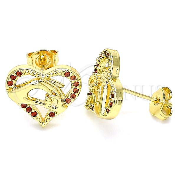 Arete Dormilona 02.156.0390.2 Oro Laminado, Diseño de Corazón y Manos, con Granate Micro Pave, Pulido, Tono Dorado