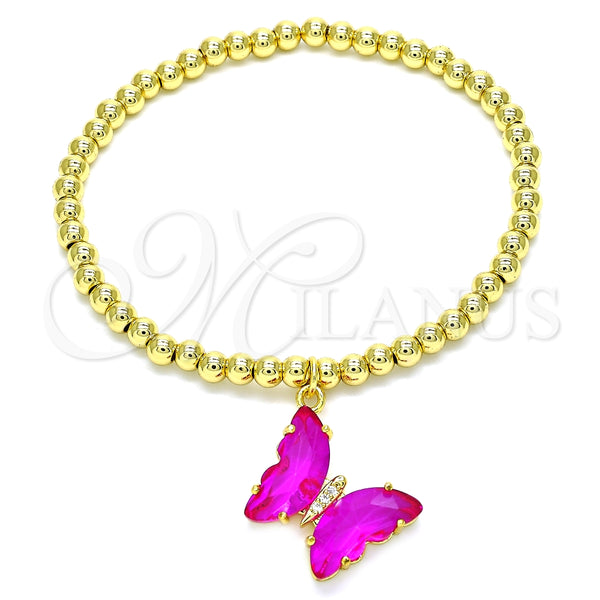 Pulsera Elegante 03.341.0112.2.07 Oro Laminado, Diseño de Bead Expandible y Mariposa, con Fuchsia Cristal and Blanca Micro Pave, Pulido, Tono Dorado (04 MM Thickness, 7 Inches Length)