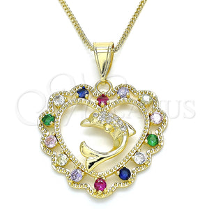 Collares con Dije 04.253.0018.20 Oro Laminado, Diseño de Corazón y Delfín, con Multicolor Zirconia Cubica and Blanca Micro Pave, Pulido, Tono Dorado (02 MM Thickness, 20 Inches Length)