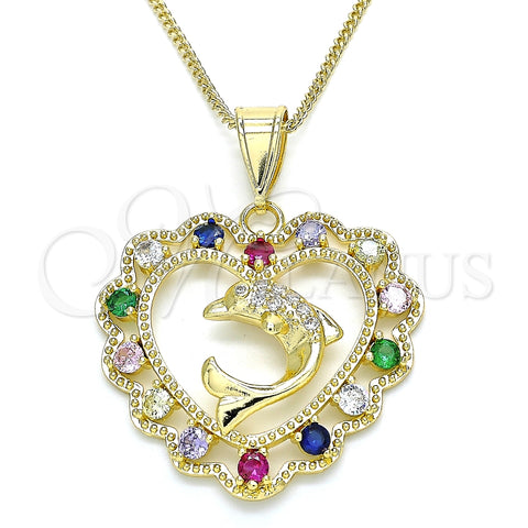 Collares con Dije 04.253.0018.20 Oro Laminado, Diseño de Corazón y Delfín, con Multicolor Zirconia Cubica and Blanca Micro Pave, Pulido, Tono Dorado (02 MM Thickness, 20 Inches Length)