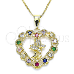 Collares con Dije 04.253.0019.20 Oro Laminado, Diseño de Corazón y Mariposa, con Multicolor Zirconia Cubica and Blanca Micro Pave, Pulido, Tono Dorado (02 MM Thickness, 20 Inches Length)