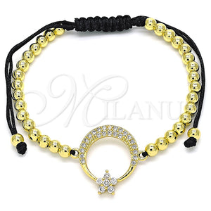 Pulsera Bolo Ajustable 03.299.0070.11 Oro Laminado, Diseño de Luna y Flor, con Blanca Micro Pave and Blanca Zirconia Cubica, Pulido, Tono Dorado (04 MM Thickness, 11 Inches Length)