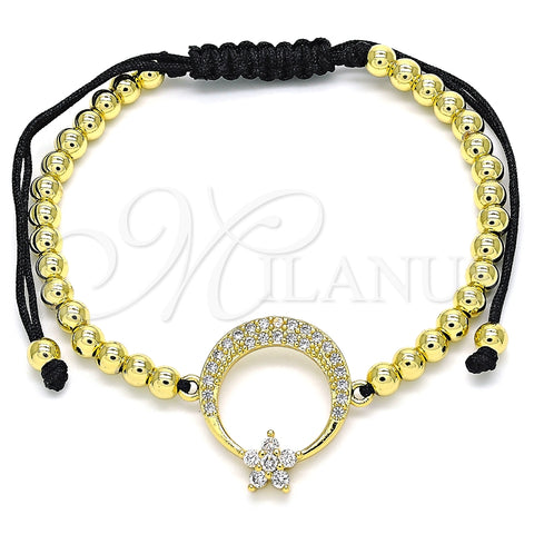 Pulsera Bolo Ajustable 03.299.0070.11 Oro Laminado, Diseño de Luna y Flor, con Blanca Micro Pave and Blanca Zirconia Cubica, Pulido, Tono Dorado (04 MM Thickness, 11 Inches Length)