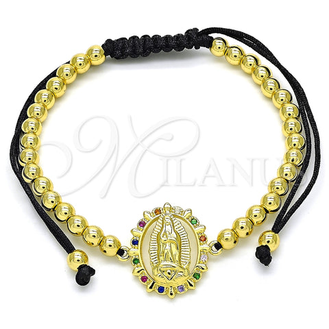 Pulsera Bolo Ajustable 03.299.0074.11 Oro Laminado, Diseño de Guadalupe y Bola, con Multicolor Micro Pave, Pulido, Tono Dorado (04 MM Thickness, 11 Inches Length)
