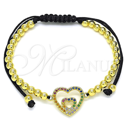 Pulsera Bolo Ajustable 03.299.0087.11 Oro Laminado, Diseño de Corazón y Bola, con Multicolor Micro Pave, Pulido, Tono Dorado (04 MM Thickness, 11 Inches Length)