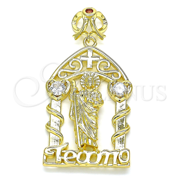 Dije Religioso 05.253.0101 Oro Laminado, Diseño de San Judas y Corazón, con Blanca and Granate Zirconia Cubica, Pulido, Tono Dorado