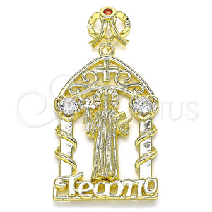 Dije Religioso 05.253.0102 Oro Laminado, Diseño de San Benito y Corazón, con Blanca and Granate Zirconia Cubica, Pulido, Tono Dorado