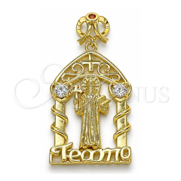 Dije Religioso 05.253.0102 Oro Laminado, Diseño de San Benito y Corazón, con Blanca and Granate Zirconia Cubica, Pulido, Tono Dorado