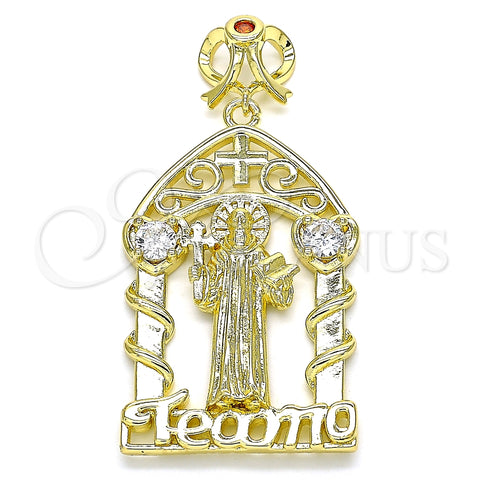 Dije Religioso 05.253.0102 Oro Laminado, Diseño de San Benito y Corazón, con Blanca and Granate Zirconia Cubica, Pulido, Tono Dorado