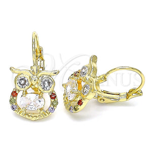 Arete Gancho Frances 02.210.0434.3 Oro Laminado, Diseño de Búho, con Multicolor Zirconia Cubica, Pulido, Tono Dorado