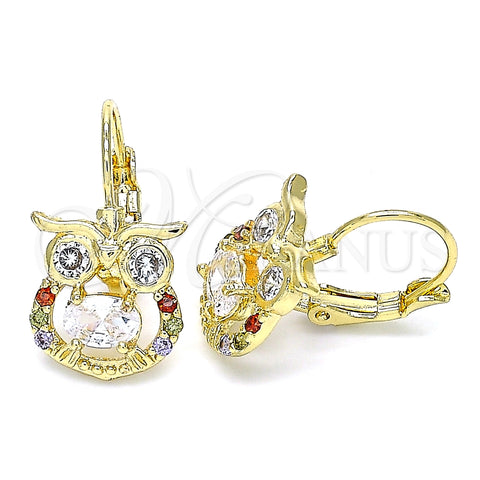 Arete Gancho Frances 02.210.0434.3 Oro Laminado, Diseño de Búho, con Multicolor Zirconia Cubica, Pulido, Tono Dorado