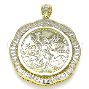 Dije Religioso 05.253.0108 Oro Laminado, Diseño de Moneda Centenario y Angel, con Blanca Zirconia Cubica, Pulido, Tono Dorado