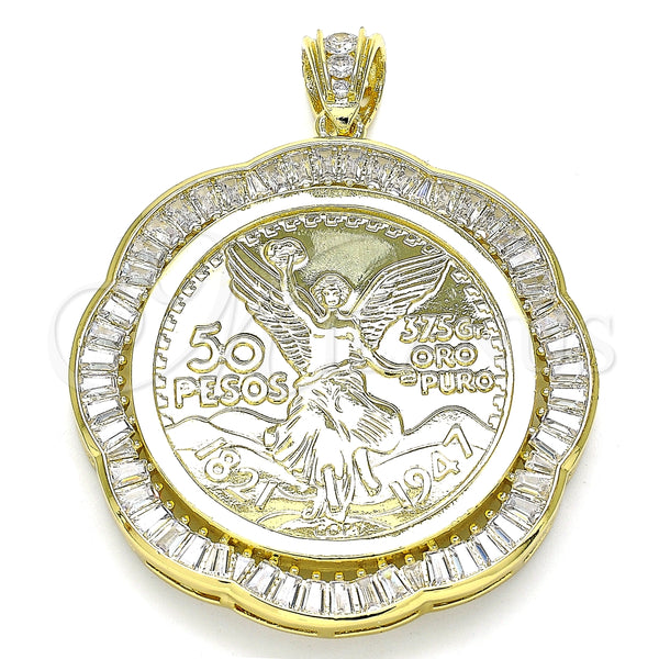 Dije Religioso 05.253.0108 Oro Laminado, Diseño de Moneda Centenario y Angel, con Blanca Zirconia Cubica, Pulido, Tono Dorado