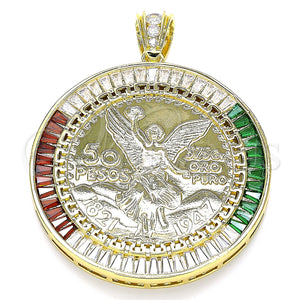 Dije Religioso 05.253.0078.1 Oro Laminado, Diseño de Moneda Centenario y Angel, con Multicolor Zirconia Cubica, Pulido, Tono Dorado