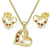 Juego de Arete y Dije de Adulto 10.195.0056.1 Oro Laminado, Diseño de Corazón y Arco, con Granate and Blanca Zirconia Cubica, Pulido, Tono Dorado