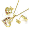 Juego de Arete y Dije de Adulto 10.195.0056.1 Oro Laminado, Diseño de Corazón y Arco, con Granate and Blanca Zirconia Cubica, Pulido, Tono Dorado