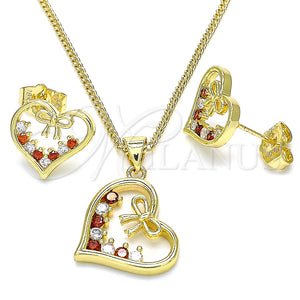 Juego de Arete y Dije de Adulto 10.195.0056.1 Oro Laminado, Diseño de Corazón y Arco, con Granate and Blanca Zirconia Cubica, Pulido, Tono Dorado