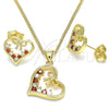 Juego de Arete y Dije de Adulto 10.195.0056.1 Oro Laminado, Diseño de Corazón y Arco, con Granate and Blanca Zirconia Cubica, Pulido, Tono Dorado