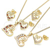 Juego de Arete y Dije de Adulto 10.195.0056.1 Oro Laminado, Diseño de Corazón y Arco, con Granate and Blanca Zirconia Cubica, Pulido, Tono Dorado