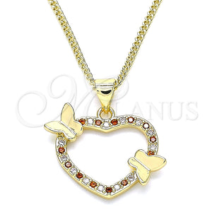 Collares con Dije 04.195.0018.1.20 Oro Laminado, Diseño de Corazón y Mariposa, con Granate and Blanca Micro Pave, Pulido, Tono Dorado (02 MM Thickness, 20 Inches Length)