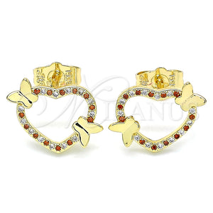 Arete Dormilona 02.195.0127.1 Oro Laminado, Diseño de Corazón y Mariposa, con Granate and Blanca Micro Pave, Pulido, Tono Dorado
