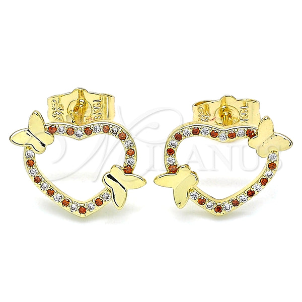 Arete Dormilona 02.195.0127.1 Oro Laminado, Diseño de Corazón y Mariposa, con Granate and Blanca Micro Pave, Pulido, Tono Dorado
