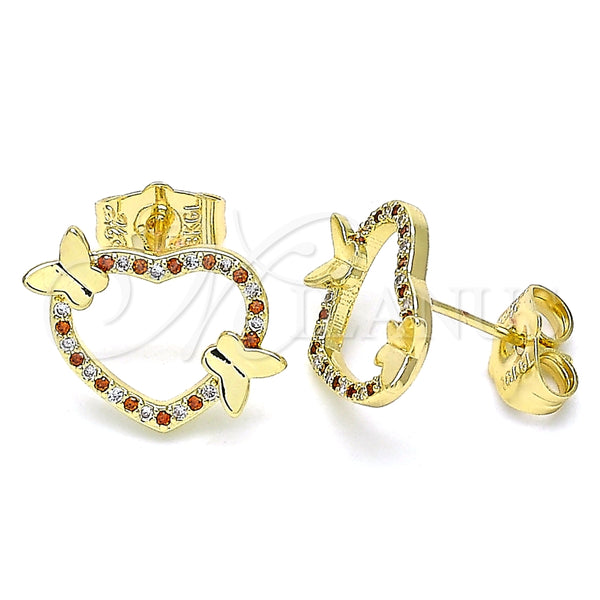 Arete Dormilona 02.195.0127.1 Oro Laminado, Diseño de Corazón y Mariposa, con Granate and Blanca Micro Pave, Pulido, Tono Dorado