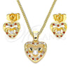 Juego de Arete y Dije de Adulto 10.233.0032.7 Oro Laminado, Diseño de Corazón, con Granate Micro Pave and Blanca Zirconia Cubica, Pulido, Tono Dorado