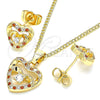 Juego de Arete y Dije de Adulto 10.233.0032.7 Oro Laminado, Diseño de Corazón, con Granate Micro Pave and Blanca Zirconia Cubica, Pulido, Tono Dorado