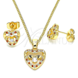 Juego de Arete y Dije de Adulto 10.233.0032.7 Oro Laminado, Diseño de Corazón, con Granate Micro Pave and Blanca Zirconia Cubica, Pulido, Tono Dorado