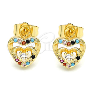 Arete Dormilona 02.233.0047.2 Oro Laminado, Diseño de Corazón, con Multicolor Micro Pave and Blanca Zirconia Cubica, Pulido, Tono Dorado